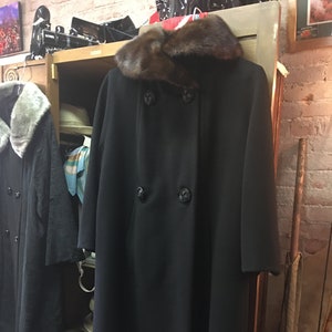 Marquessa Tailored by Brittany 1950’s Beautiful Black Wool Swing Coat with Fox Collar