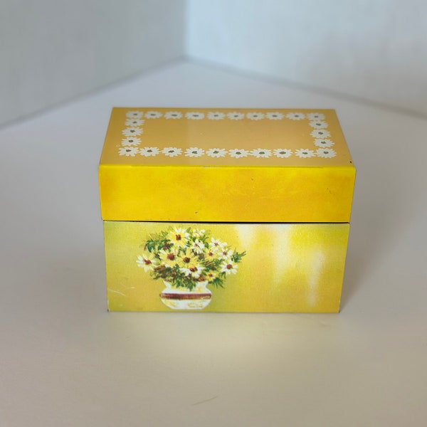 Vintage MCM 1970s Ohio Art Tin Yellow and White Recipe Box with Daisies