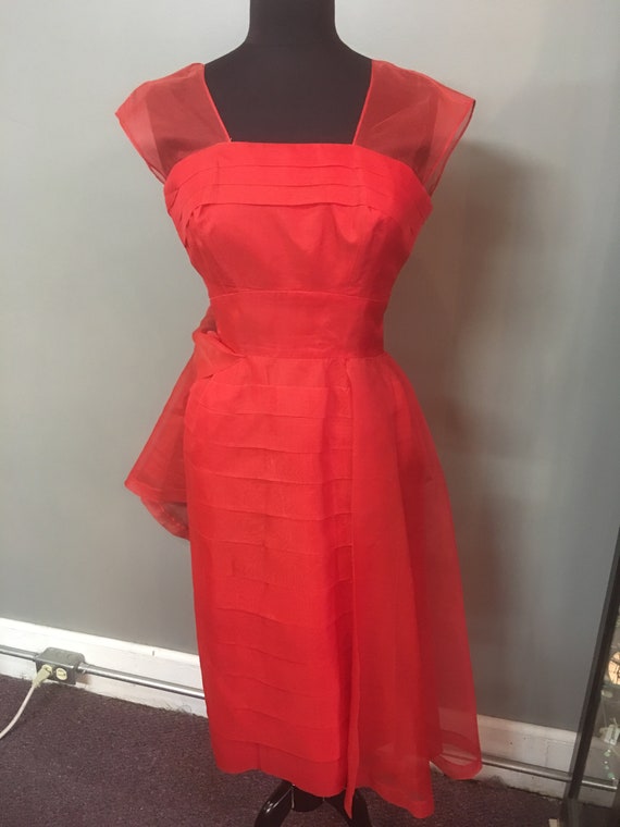 FW-1950's Handmade Red Chiffon Cocktail Dress - image 2