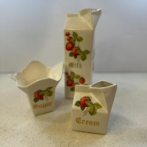 Rare 1940s Ceramic Milk, Sugar and Cream 3 Piece Strawberry Milk Carton Set