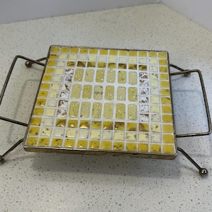 1970s MCM Yellow, White and Gold Mosaic Tile Trivet with Metal Feet and Handles