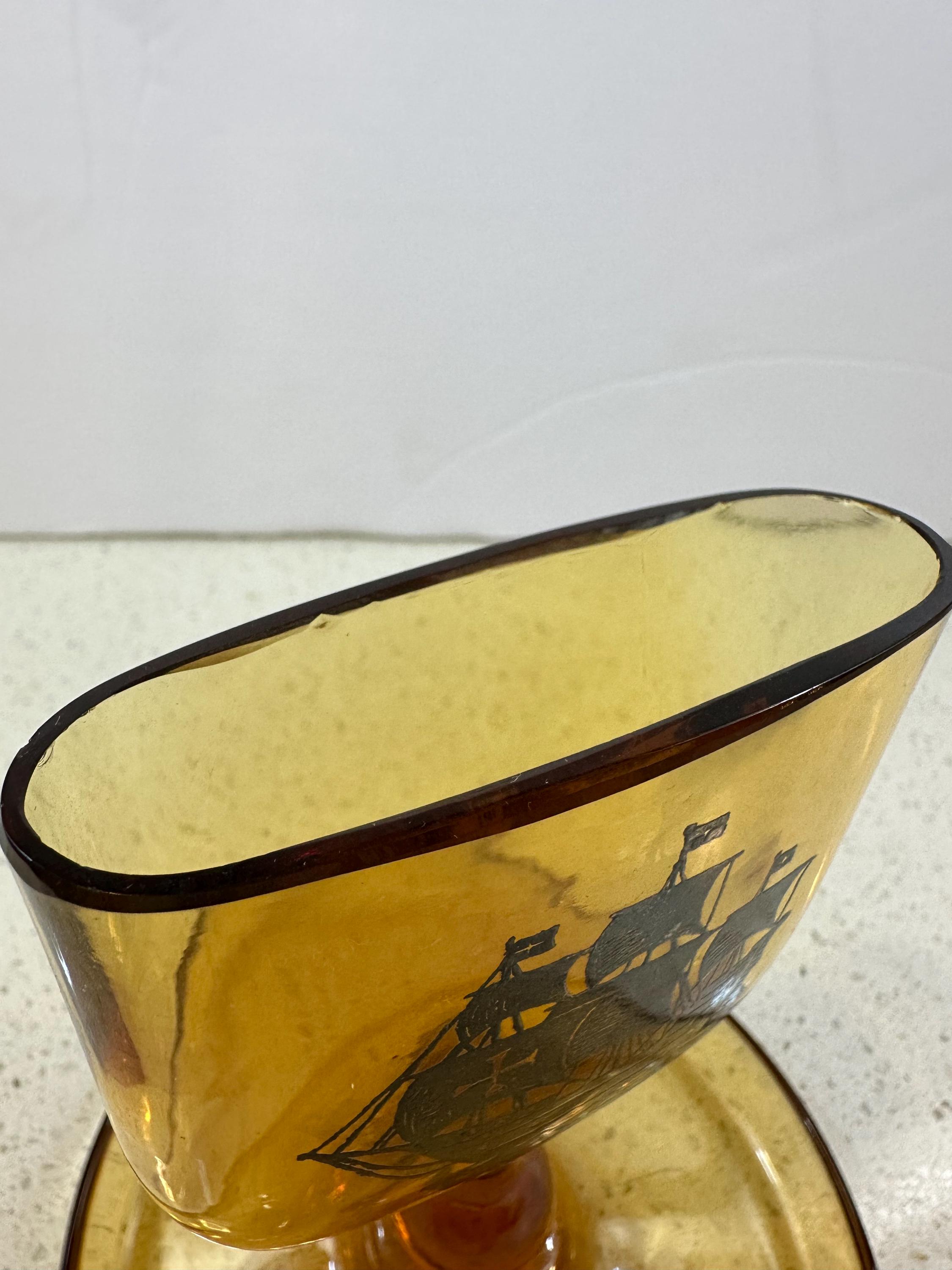 depression glass cigarette holder 1930s Art Deco Fostoria Glass Company Amber Depression Glass Cigarette /  Card Holder With Silver Painted Embossed Ship