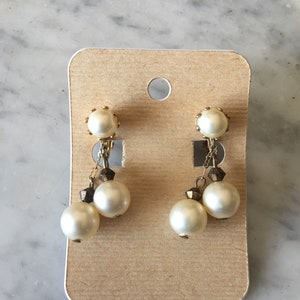 Vintage Gold Tone Dangle Clip On Earrings with Faux Pearls
