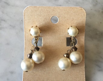 Vintage Gold Tone Dangle Clip On Earrings with Faux Pearls