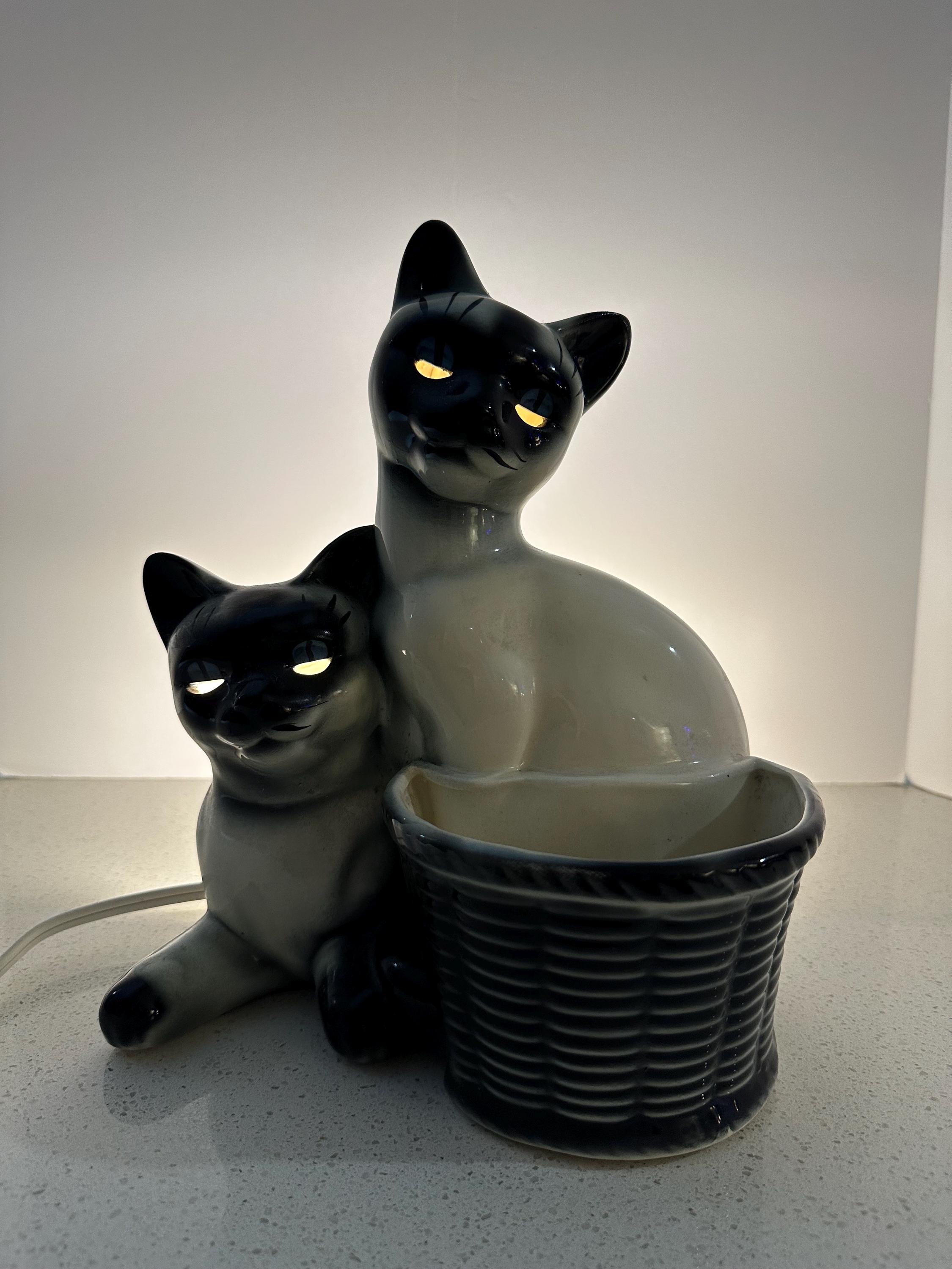 1950s MCM Howard Kron Twin Siamese Cats TV Lamp With Planter