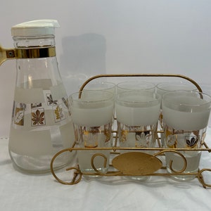 Vintage  MCM 1960s E-Z Por Corp Golden Frost Pattern Carafe & Glasses With Caddy