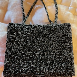 Vintage Black, Glass Beaded Mini Evening Bag with Braided Bead