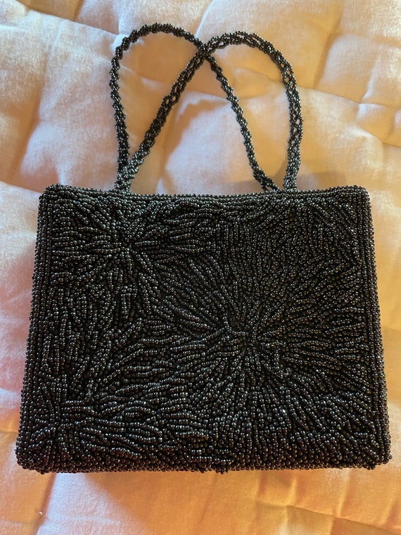 Vintage Black, Glass Beaded Mini Evening Bag with… - image 1