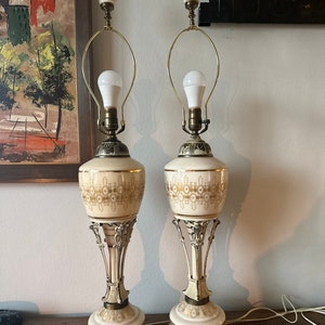 Rare Pair of 40/50s Hollywood Regency Painted Glass Lamps With Large Original Finial