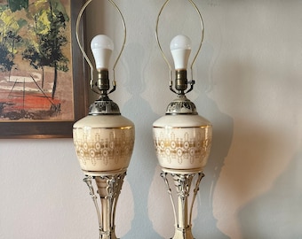 Rare Pair of 40/50s Hollywood Regency Painted Glass Lamps With Large Original Finial