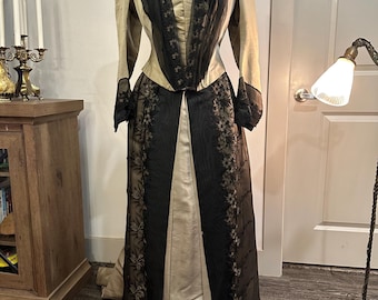 1870/80s Edwardian Era Taupe Silk and Embroidered Black Lace Ladies 2-Piece Winter Gown