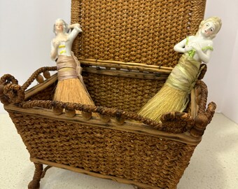 Early 1900s Sewing Basket w 2 Porcelain Doll Boudoir / Vanity Brushes Pin Cushions