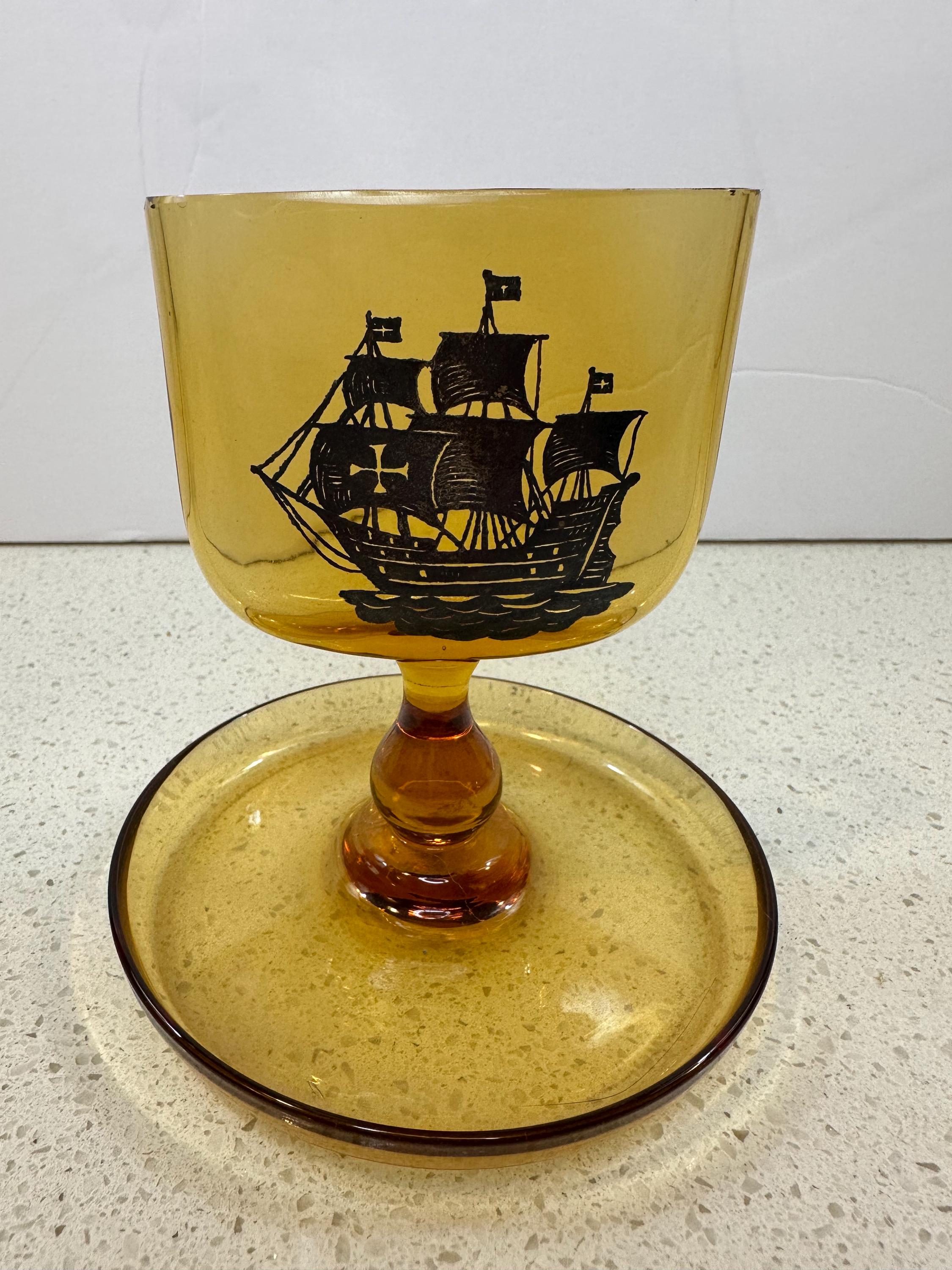 1930s Art Deco Fostoria Glass Company Amber Depression Glass Cigarette /  Card Holder With Silver Painted Embossed Ship