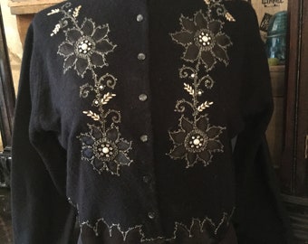 SW-Stunning Vintage Black Toni of California Original Beaded and Appliqué Cardigan Sweater