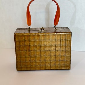 Beautiful 1960s Wood Box Purse w Brown and Gold Iridescent Weaved Style Finish