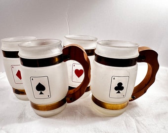 Vintage MCM Siesta Ware Frosted Wooden Handled Set of  4 Playing Card Mugs