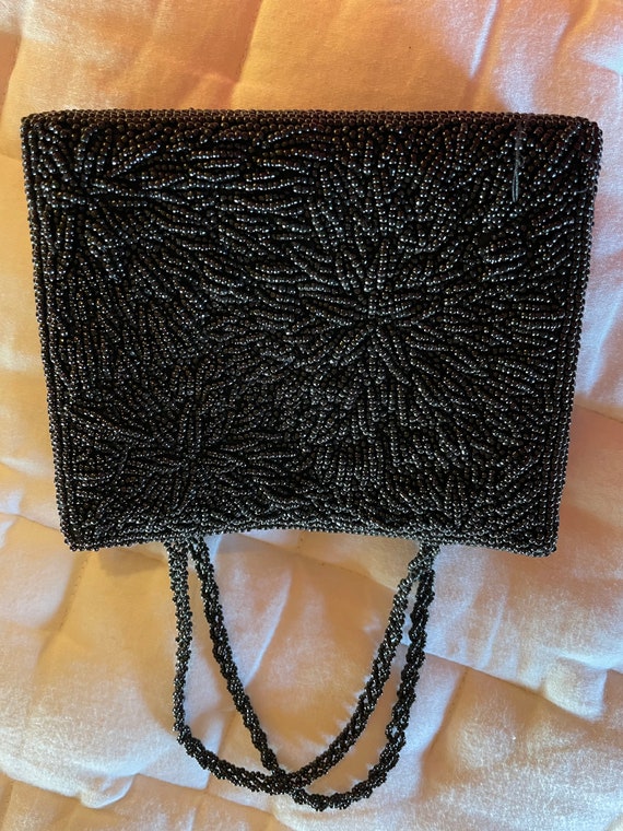 Vintage Black, Glass Beaded Mini Evening Bag with… - image 5