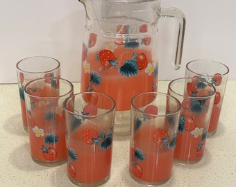 Pichet à jus design fraise en verre Luminarc vintage et 6 verres