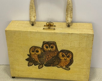 Vintage 1960s Wood Box Decoupage Purse With Owls and Lucite Handle