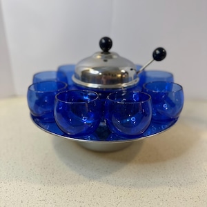Rare 1930/40s Art Deco Hazel Atlas Royal Lace Blue Toddy Cider / Liquor Set All Original