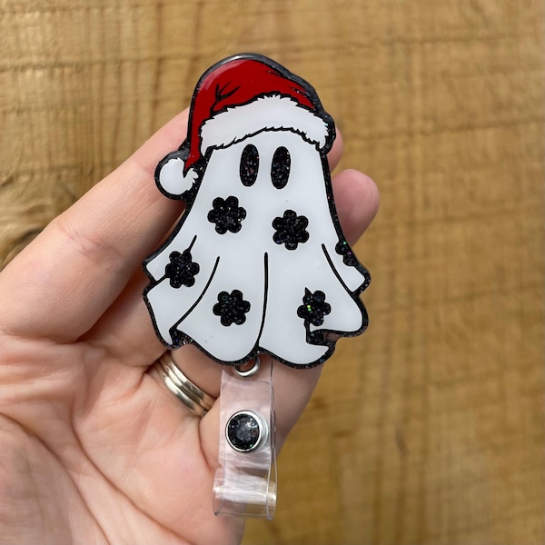 Floral Ghost Santa Hat Christmas Retractable Badge Reel