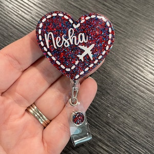 Airline/ Airplane Retractable Glitter Heart Badge Reel