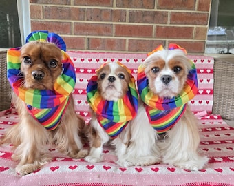 Snood fantaisie avec noeud et longues oreilles pour chiens Arc-en-ciel / Café / Pain de fée / Canards en caoutchouc / Crevettes / Burgers / Sushi / Pizza / Biscuits
