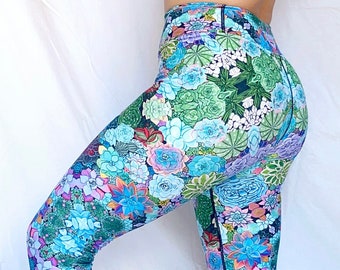 Succulent Kaleidoscope Yoga Leggings (high waist, full length, silky soft material, XS-6X)