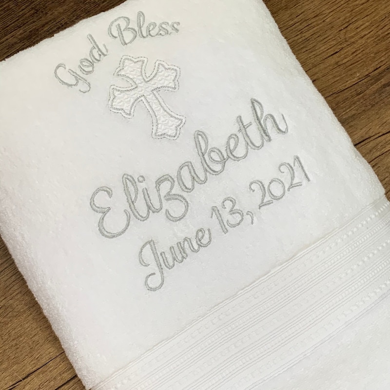Baptism towel with white embroidered cross & dove main image 0