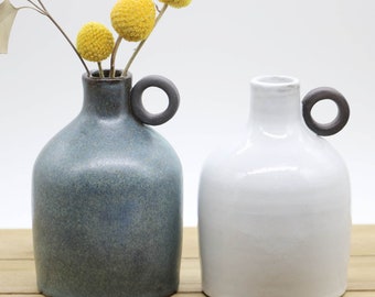 Ceramic Small Vase, Pottery Blue/White Bud Vase with Ear, Bud Vase with Handle