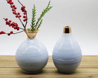Porcelain Marble Bud Vase,  Vase with Gold Rim, White and Blue Vessel, Container for Flowers