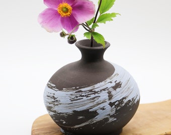 Small Brushstroke Vase, Unglazed Ceramics, Pottery Blue Vessel,