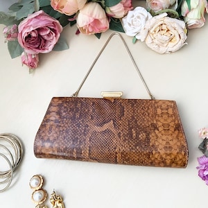 Bolso de mano vintage LA MARQUISE de piel sintética de serpiente marrón, versátil, elegante bolso reversible con asa superior
