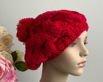 Vintage Hand Knitted Red Cable Knit and Pompom Beanie, Colorful Winter Hat