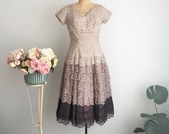 Vintage REVE de PARIS Haute Couture Gradient Brown Color Lace Dress, Midi Fit and Flare Elegant 1950s Dress, Tiered Flounced Formal Dress