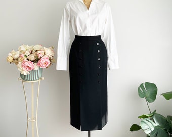 Vintage SIMON CHANG Long Black Wool Skirt, Double Row Buttons Front Skirt, Classy Skirt, Versatile Skirt