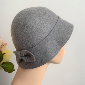 Vintage INDITEX Grey Wool Bowed Cloche Hat, Elegant Cold Season Hat, Fall Hat, Winter Hat