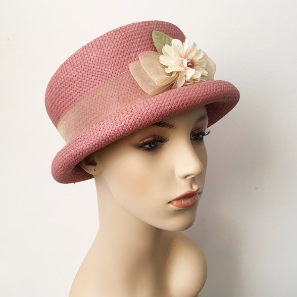 Vintage Pink Woven Formal Straw Skimmer Style Hat with Flower and Ribbon Adornment, Versatile Baoter Shape Hat, Elegant Canotier Straw Hat