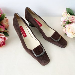 Vintage SANDRA PARIS Brown Suede Wedges Square Toe Shoes, Classic Shoes, Elegant Pumps, Size 37 Shoes