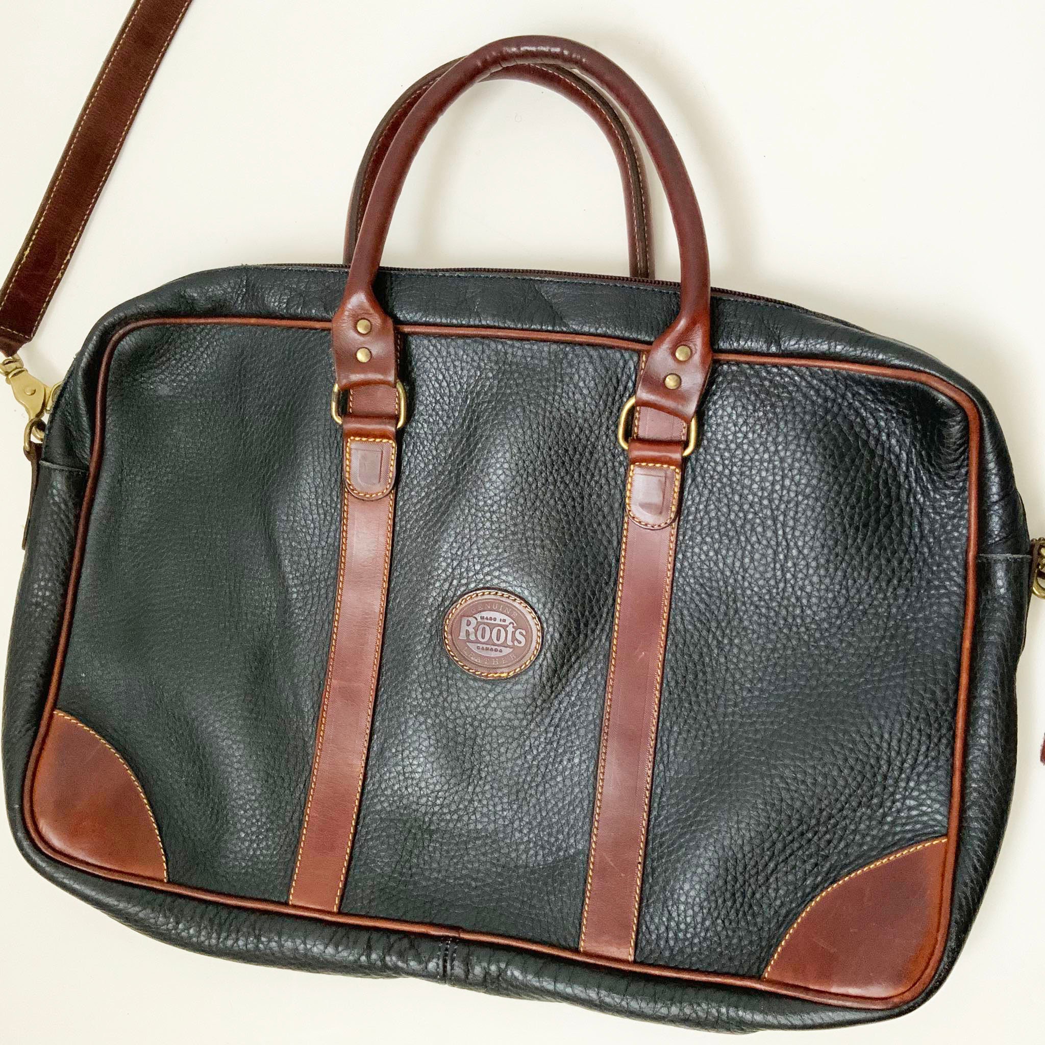 Vintage Waterproof ROOTS Black and Brown Weekender Pebbled Leather Bag With Removable Handle Two Tone Pebbled Leather Duffle Bag Etsy