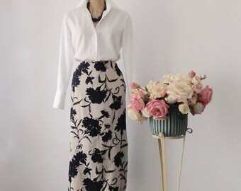 Vintage Elliott Lauren Beige and Black Floral Long Straight Skirt, Linen Blend Long Skirt, Summer Skirt, Elegant Skirt, Versatile Skirt