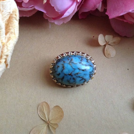Vintage Oval Silver Tone and Blue Marbled Chunky Cabochon  display picture 1