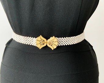 Vintage Pearl Beaded Skinny Belt with Yellow Enamel and Metal Floral Buckle