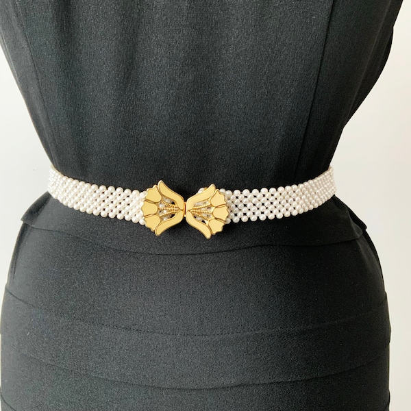 Vintage Pearl Beaded Skinny Belt with Yellow Enamel and Metal Floral Buckle