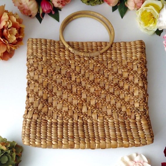 Vintage Natural Woven Straw Square Handbag, Summer