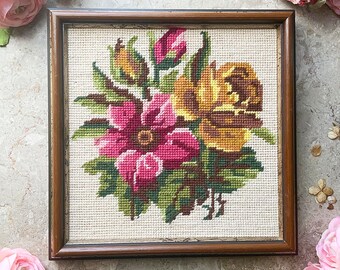 Vintage Framed Floral Needlepoint Canvas, Ready to Hang Floral Embroidery, Cottage Style Decor, Gift Idea