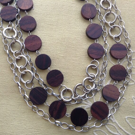 Vintage Silver Tone Chain Wood Beads, 1990's Neck… - image 4