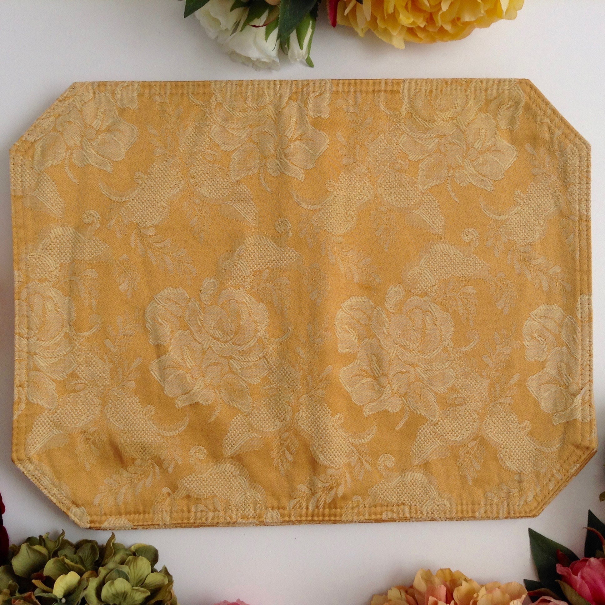 Vintage Set of 4 Rectangular Yellow Damask Fabric Placemats Etsy