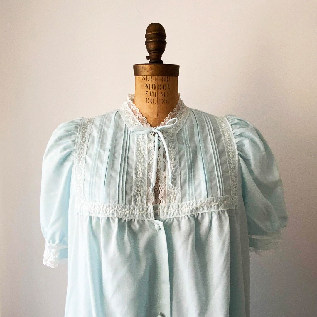 Sky Blue Pattern Robe Vintage CLASILK Cotton Blend Sky Blue Short Sleeve Long Robe and ...
