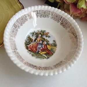 Vintage SOVEREIGN POTTERS 22KT Floral Gold Rimmed Edge Dessert Bowl with Romantic Pastoral Scenery, Fancy Dessert Plate, Made in Canada